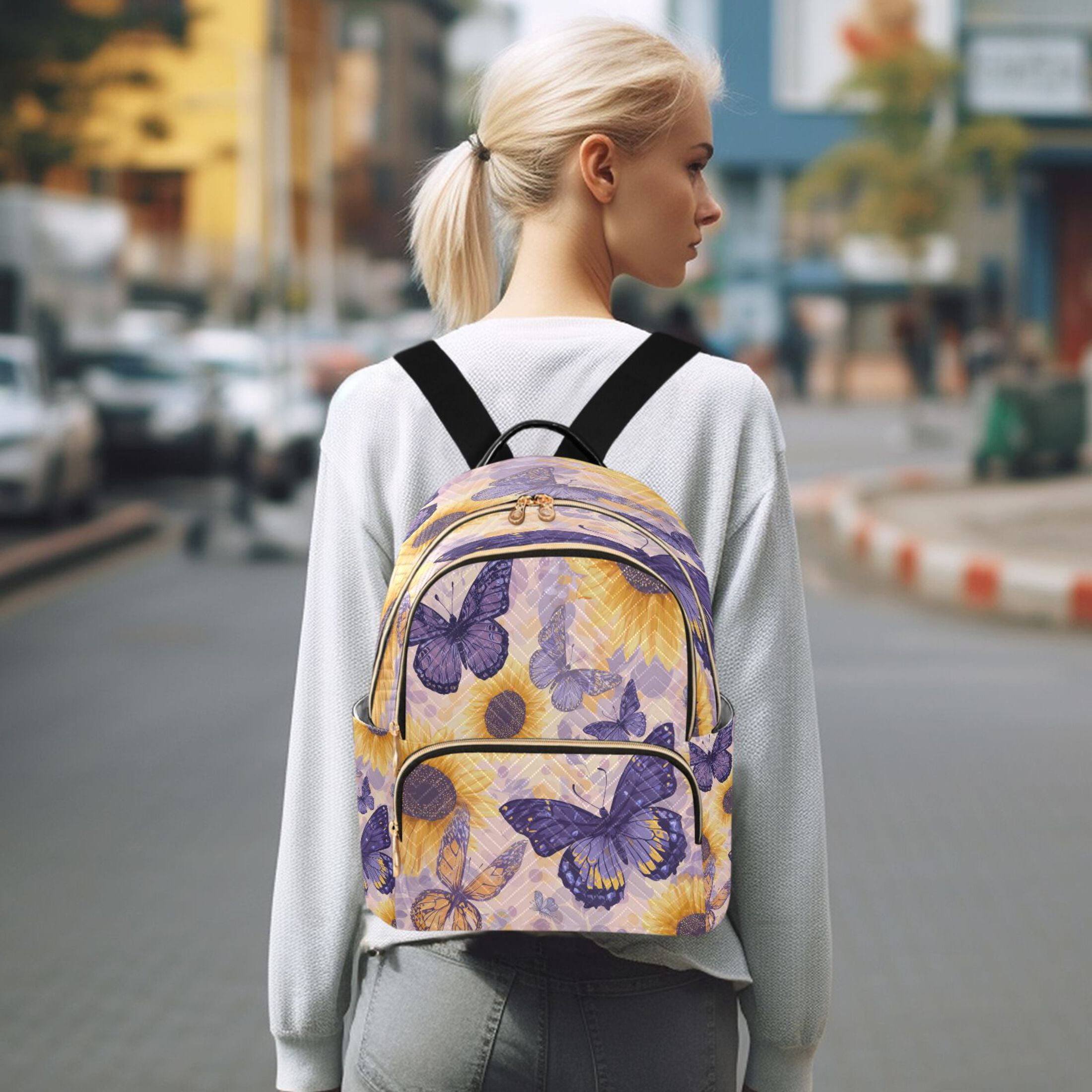 Purple Butterflies with Sunflowers Quilted Backpack Fashion Daypack Commuter Bag for Women 14 L