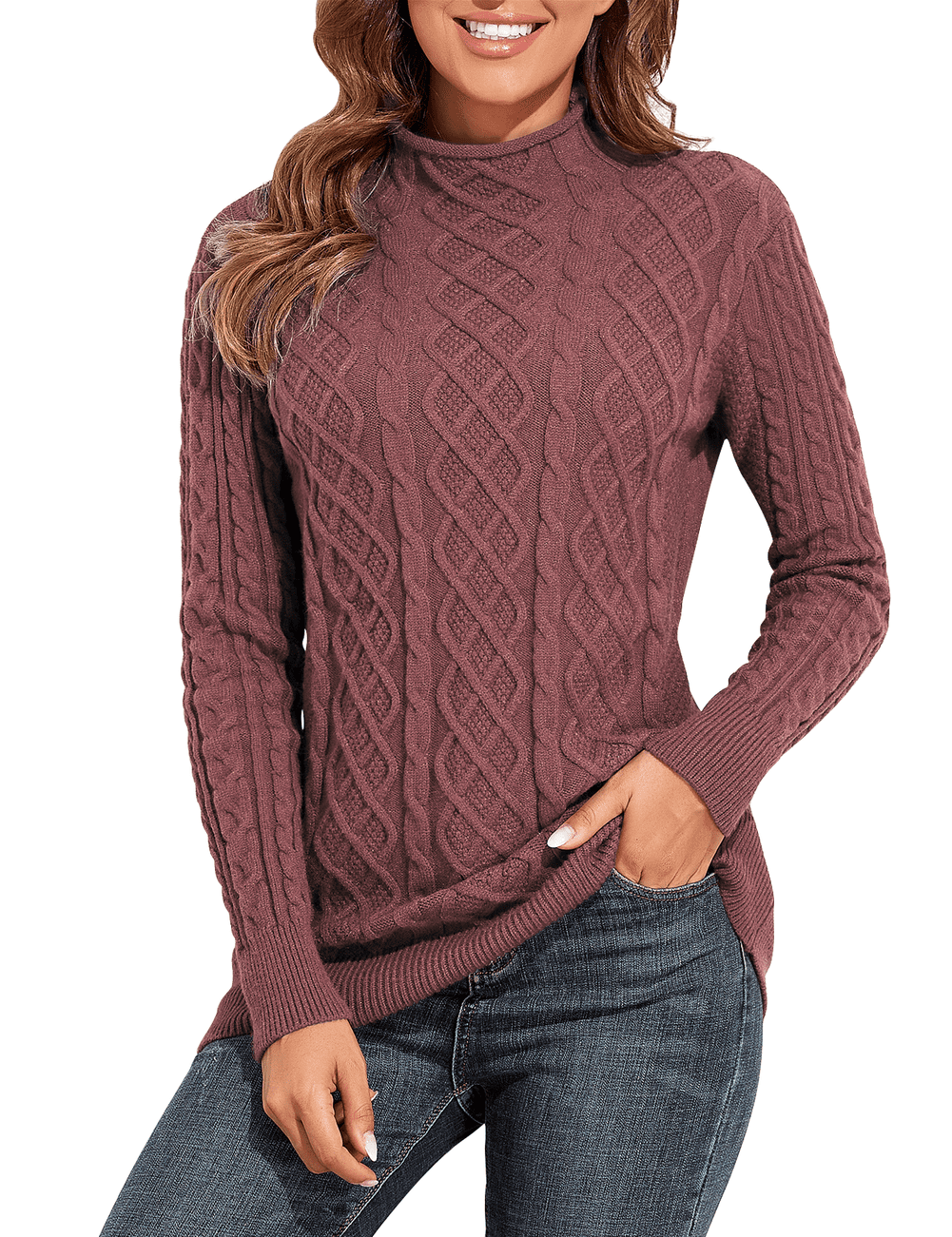 PrettyGuide Womens Tunic Sweater Cable Knit Mock Neck Pullover Long Sweater Tops