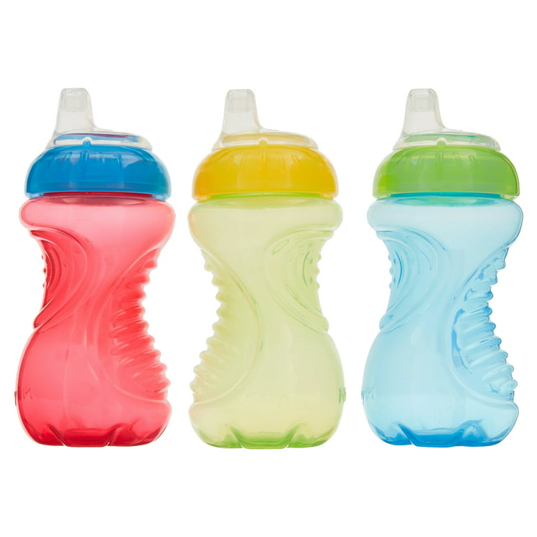 Nuby No Spill Gripper Cup with Silicone Spout, 10oz, Green/Red/Blue - 3 count