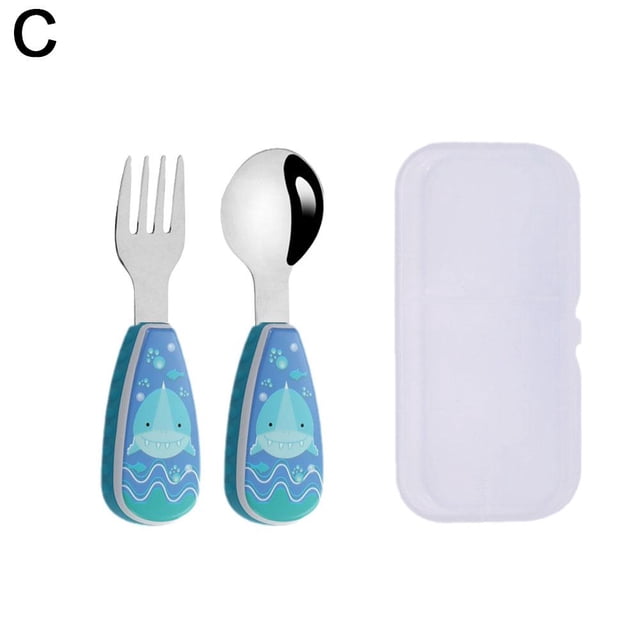 Stainless Steel Children'S Short-Handled Spoon Fork Creative Cartoon Baby Training Tableware Toddler Food Portable Set