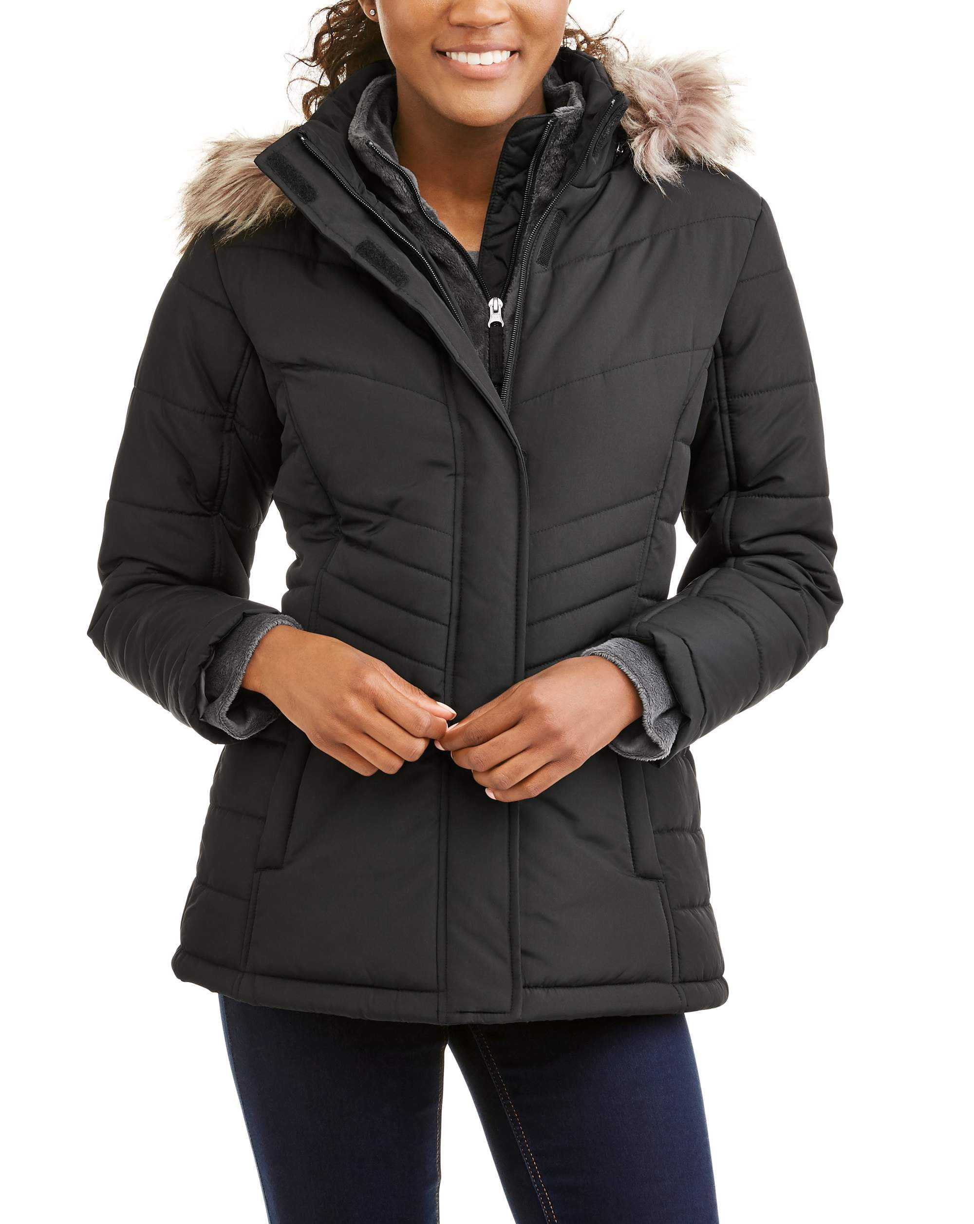 Swiss Tech Women's Heavyweight Puffer Coat With Faux Fur Trim