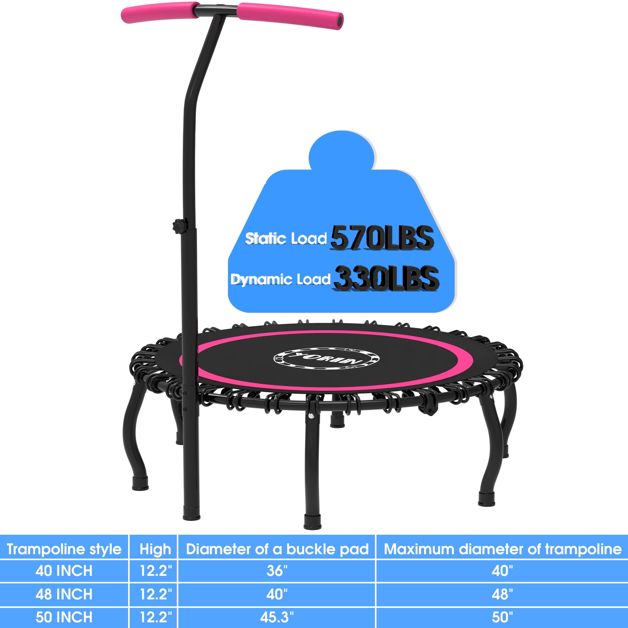 YORIN Rebounder Foldable Trampoline for Adults, 330LBS Fitness Indoor Trampoline, 48" 40" 50" Mini Exercise Trampoline with Bungees, 3 Level Adjustable Foam Handle Bar, Stable Quiet Small Trampoline