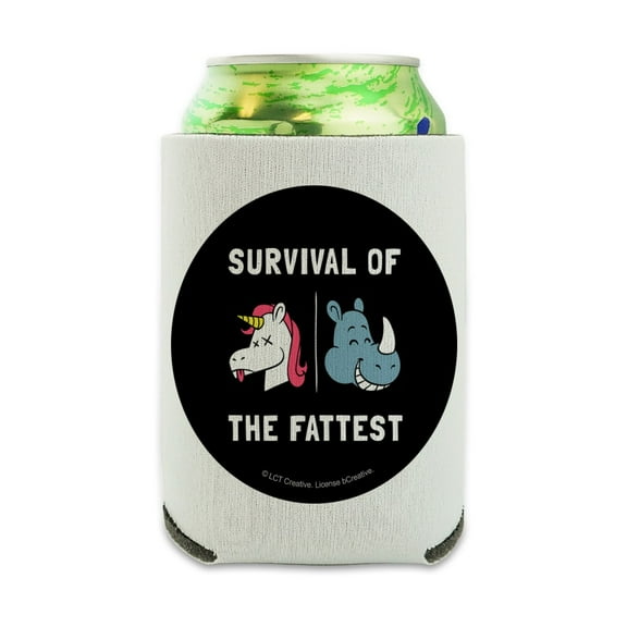 Survival of the Fattest Unicorn Chubby Rhino Fittest Pun Funny Humor Can Cooler - Drink Sleeve Hugger Collapsible Insulator - Beverage Insulated Holder