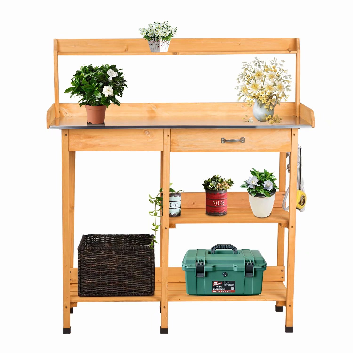 Outdoor Garden Potting Bench Table Metal Work Station Gardening Table with Galvanization Tabletop Drawer Rack Shelves 