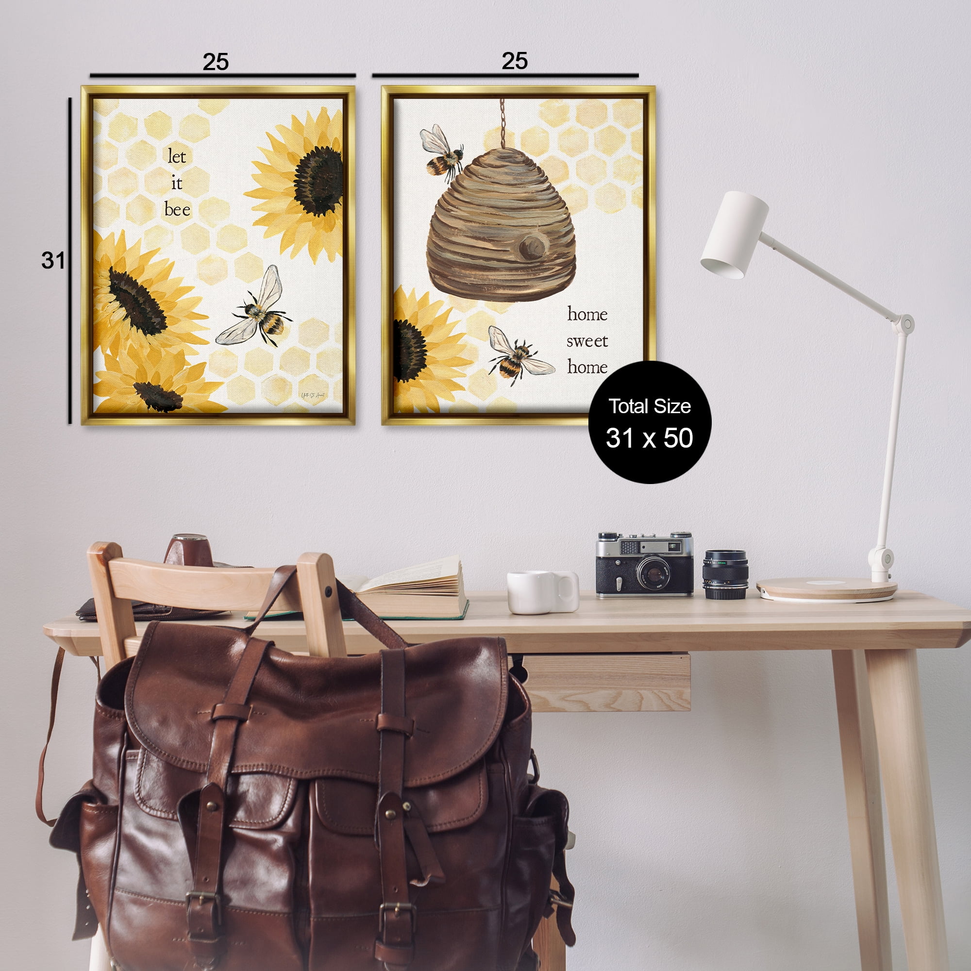 Stupell Industries Sunflower Let it Bee Skep Animals Painting Gold Floater Framed Canvas Art Print Wall Art, 31 x 25, Set of 2