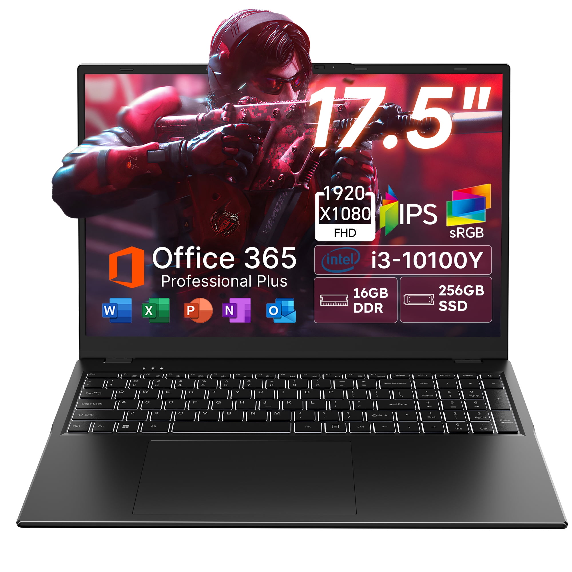Golzer 17.5" Laptop, 16GB RAM 256GB SSD Windows 11 Laptop Computer, Intel Core i3-10100Y(Up to 3.9GHz), 100% sRGB, Backlit Keyboard, 1yr Office 365 Free, Black