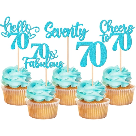 10 Pack Blue Glitter 70th Birthday Cupcake Toppers, Cheers to 70 Picks for 70th Birthday Party Cake Decorations Supplies