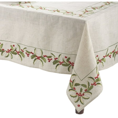 

Fennco Styles Embroidered Holly Design Christmas Linen Blend Tablecloth 67 x 67 Inch