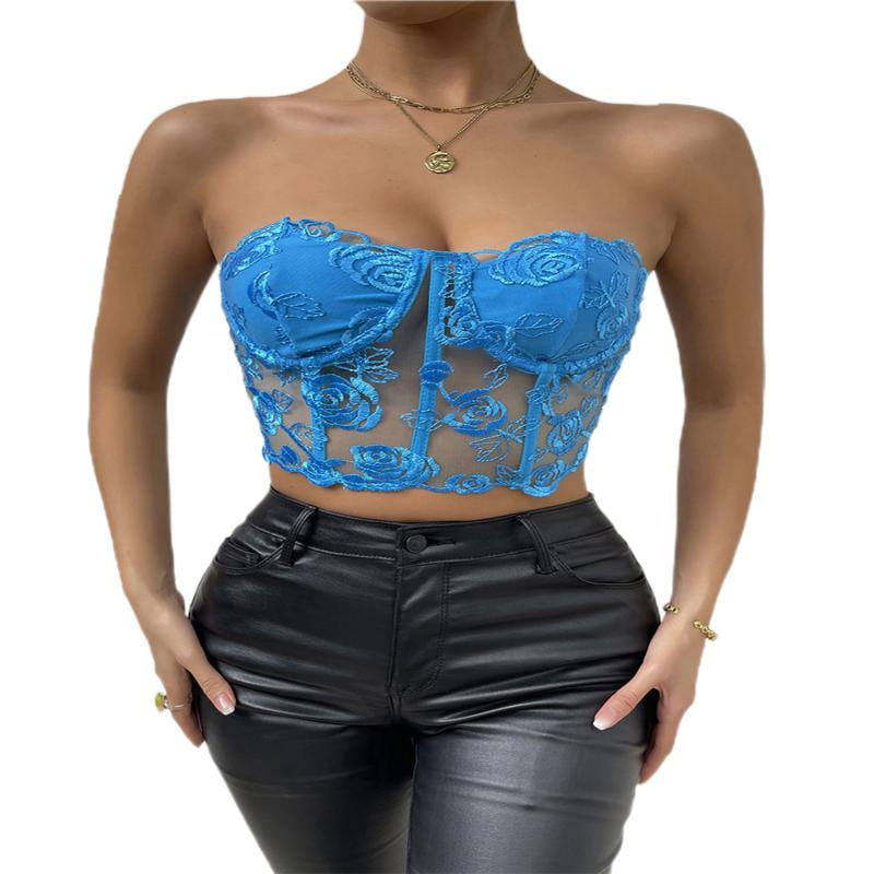 Women Sexy Rose Embroidery Bra Tops Slim Fit Strapless Underwire Corset  Bustier