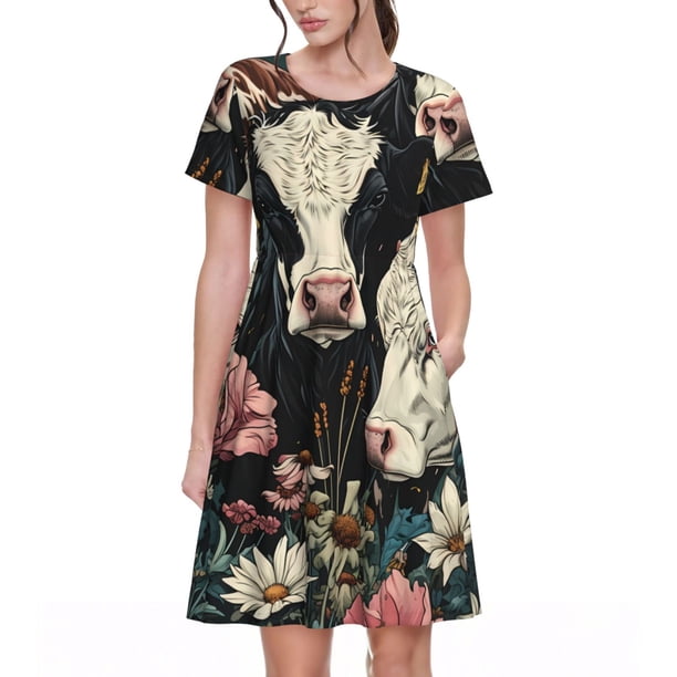 Balery Vintage Sunflower Cow Vestidos sueltos de manga corta para mujer, vestidos de verano 2025, vestidos casuales de corte A con vuelo.
