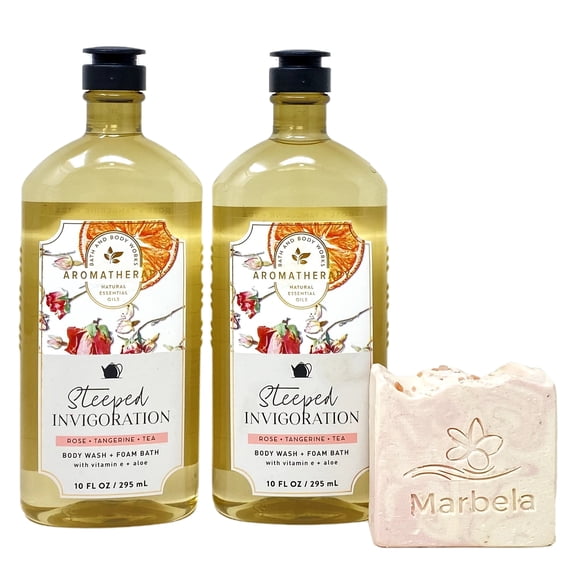 Bath & Body Works Aromatherapy Steeped Invigoration ROSE TANGERINE TEA 2 Pack Body Wash Foam Bath with a Himalayan Salts Springs Marbela Bar Soap - Full Size