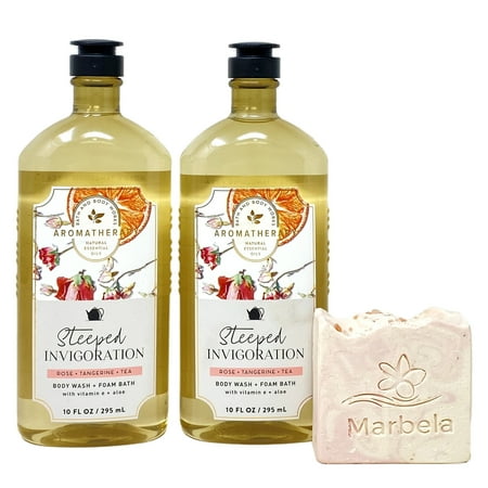 Bath & Body Works Aromatherapy Steeped Invigoration ROSE + TANGERINE + TEA 2 Pack Body Wash + Foam Bath with a Himalayan Salts Springs Marbela Bar Soap - Full Size