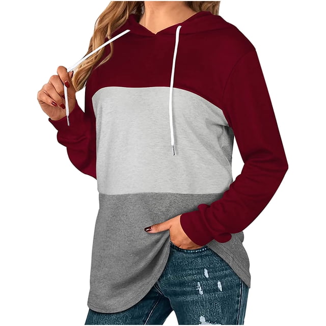 Pompotops Femmes Pull Patchwork à Manches Longues à Cordon à Capuche Chemisier Sweat-Shirt