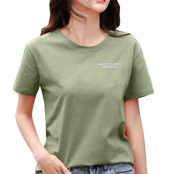 Gibobby Playera de Manga Corta con Cuello Redondo Mujeres Casual Letras Impresión Diaria Camisas Cuello Redondo Manga Corta Camiseta Suelta Tee Tops Túnica Blusa(Verde,CH)