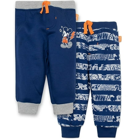Disney Mickey Mouse Baby Boys' 2 Pack Fleece Drawstring Jogger Pants, Blue 3-6 Months
