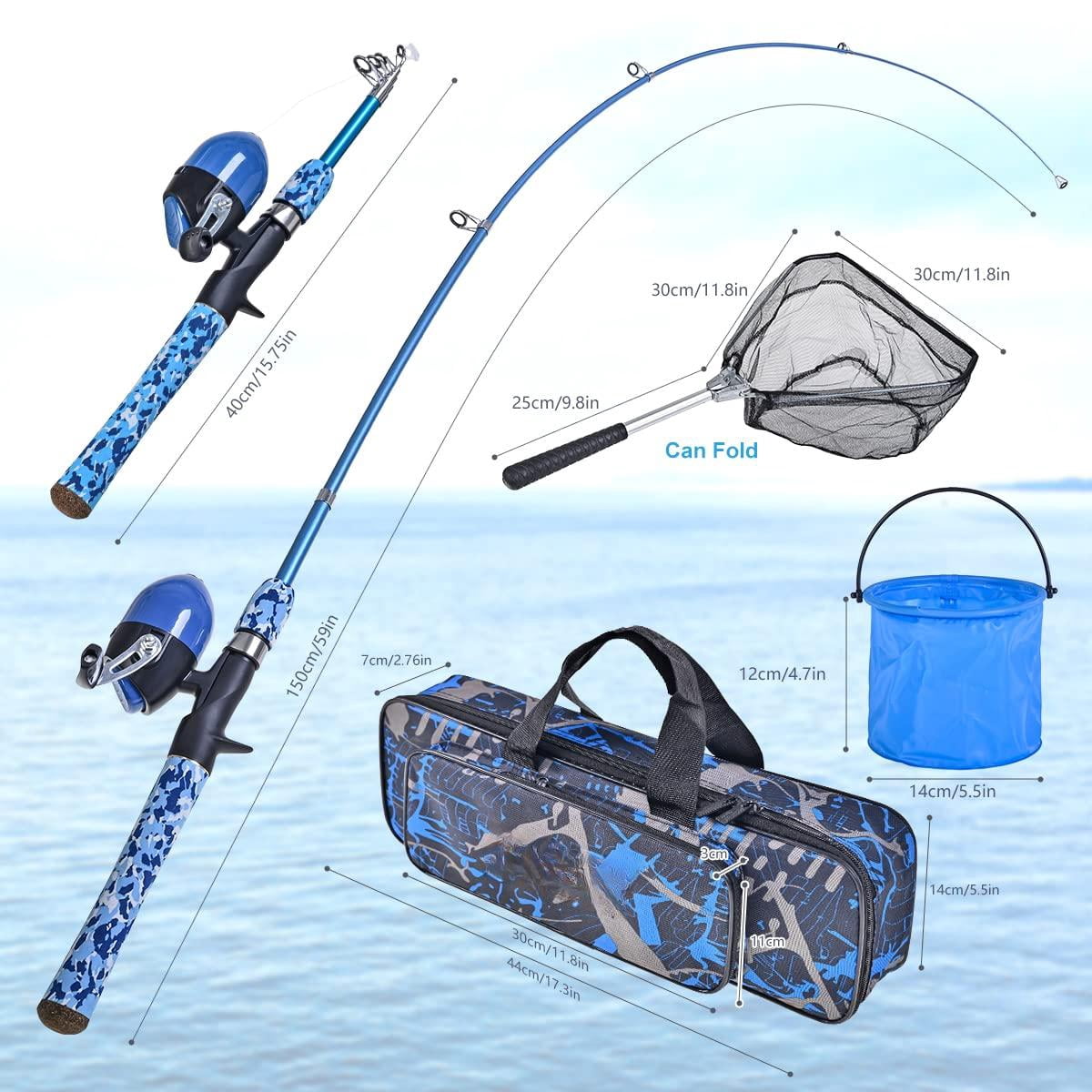 Fishing Pole Set With Full Starter Kits 2 Portable Telescopic Rod And Spincast Reel Cambos A Net 2 Buckets For