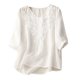 thumbnail image 1 of Camiseta de manga corta con cuello en V y bordado para mujer - Top fino y transpirable de alta densidad, mezcla de lino, M-XXL, 1 of 5