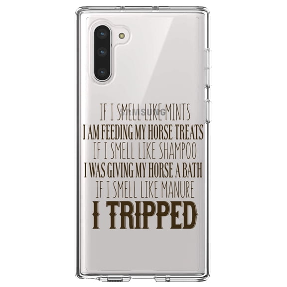 DistinctInk Clear Shockproof Hybrid Case for Samsung Galaxy Note 10 (6.3" Screen) - TPU Bumper Acrylic Back Tempered Glass Screen Protector - Smell Like Horse Treats, Shampoo, Manure