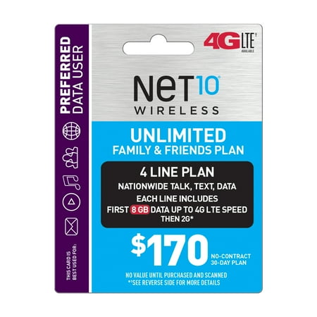 Net10 $170 Unlimited Family & Friends Plan for 4 Lines (8GB of data per line at high speeds, then 2G*) (Email Delivery)