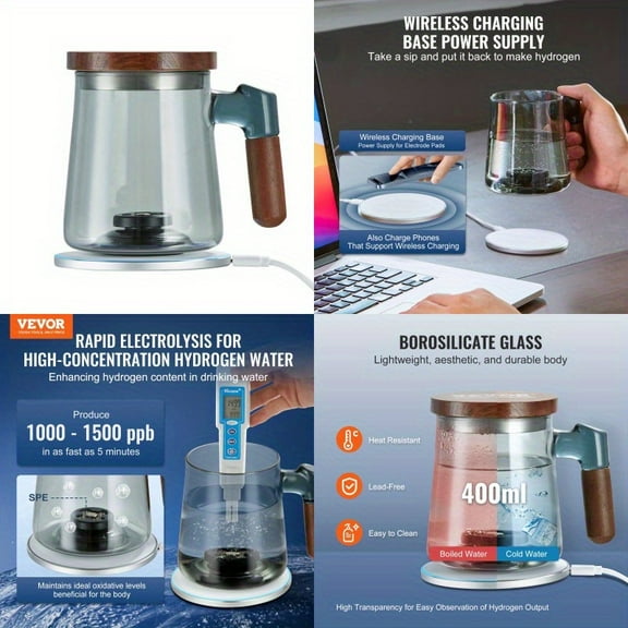 VEVOR Hydrogen Water Cup 400ml 14.1oz Hydrogen Generator SPE Technology Portable Hydrogen Water Ionizer Machine with Wireless Charging Base Hydrogen Rich Water Bottle Glass Health Cup
