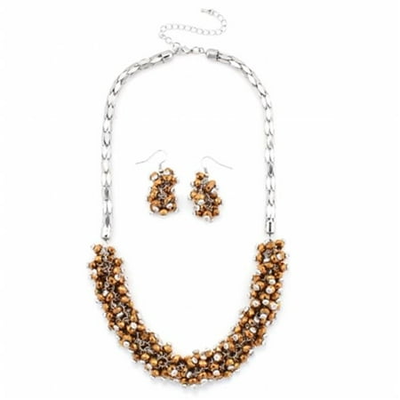 Eshopo 0805470000365 Silver-Tone Metal Brown Bead Necklace And Earring Set