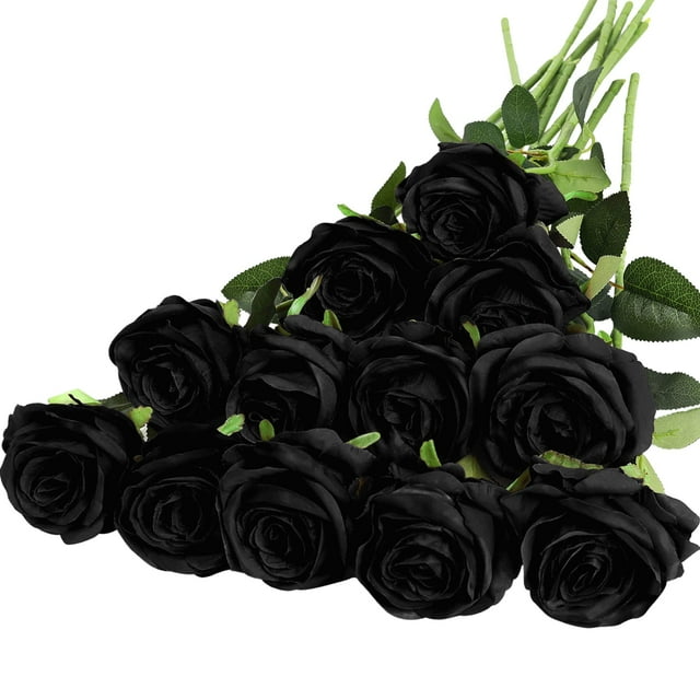 Artificial Silk Flowers Realistic Roses Bouquet Long Stem for Home Wedding Decoration Party (12PCS-Black)