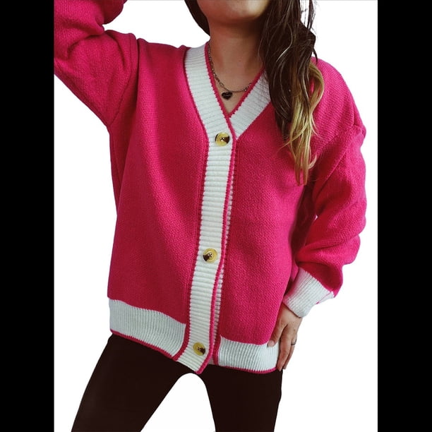 Suéter de Punto Acanalado con Cuello en V Extragrande y Botones en Contraste para Mujer Rosa Roja L