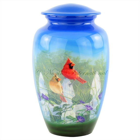 10" Aluminum Metal Cremation Urn for Cremated Human Ash Remains Storage | Beautiful Artwork Printed Funeral Pot & Cremation Jar (Cardinal Blue)