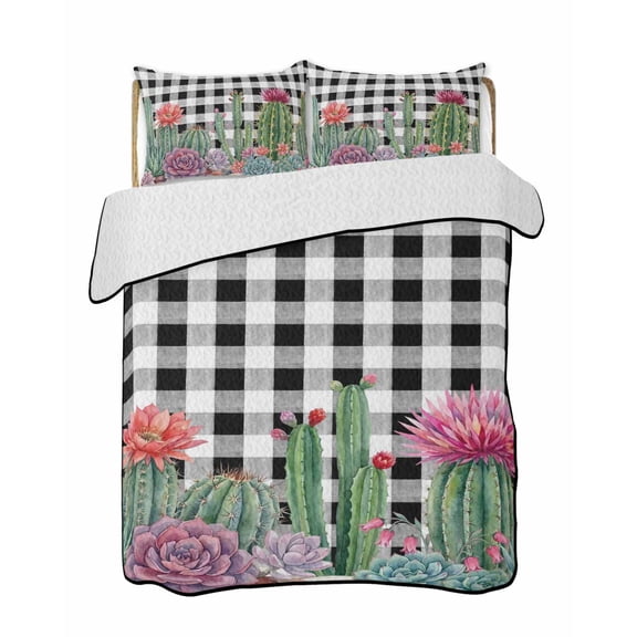 Quilts Twin Size Bedding Set, Cactus Tropical Watercolor Lightweight Quilted Comforter, Black Buffalo Plaid Summer Soft Reversible Bedspread Coverlet with Pillow Covers for All Season, 68" x 86"