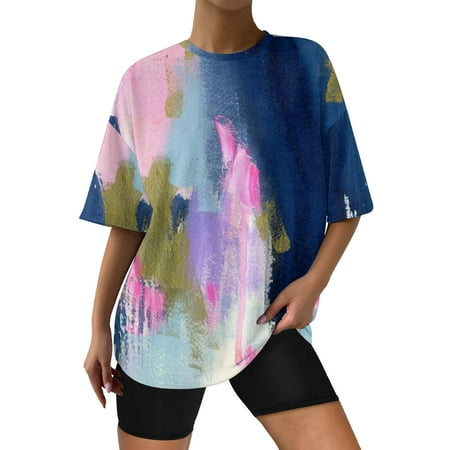 Oversized T Shirts for Women, Women's Casual Crewneck Short Sleeve Tie Dye T Shirt Graphic Tees Tunic Tops Blouse Todays Deals In Amazon Prime Clearance 99% Off Deals #4