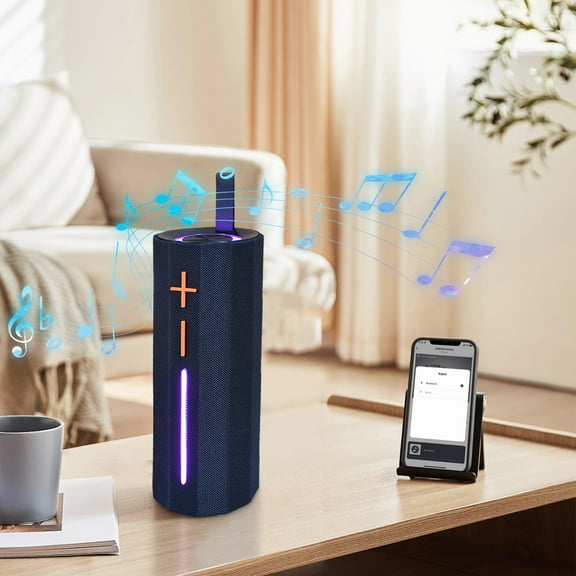 Portable Bluetooth Speaker with Colorful LED Lights, 15H Playtime, FM Radio & TWS Pairing - IPX4 Waterproof 360° Surround Sound Wireless Speaker for Outdoor, Pool, Travel, Beach & Parties