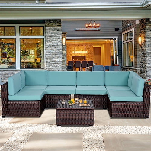 7 Piece Rattan Sectional Sofa Set, Outdoor Conversation Set, All