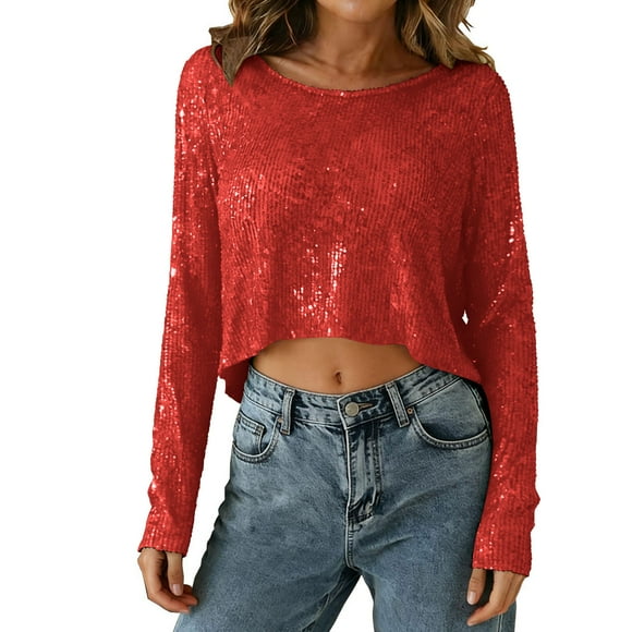 JGGSPWM Dressy Cropped Sequins Shirts for Women Loose Long Sleeve Party Blouse Crewneck Elegant Sparkle Clubwear Tops Red S