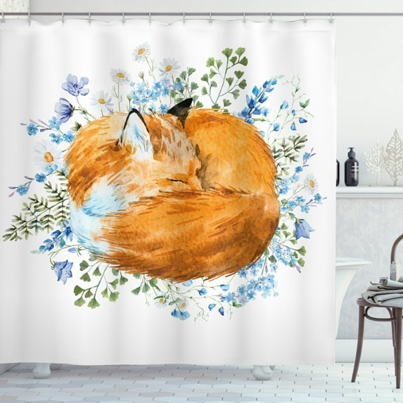 Ambesonne Fox Shower Curtain, Sleeping Fox Watercolors, 69"Wx70"L, Orange Blue Olive Green