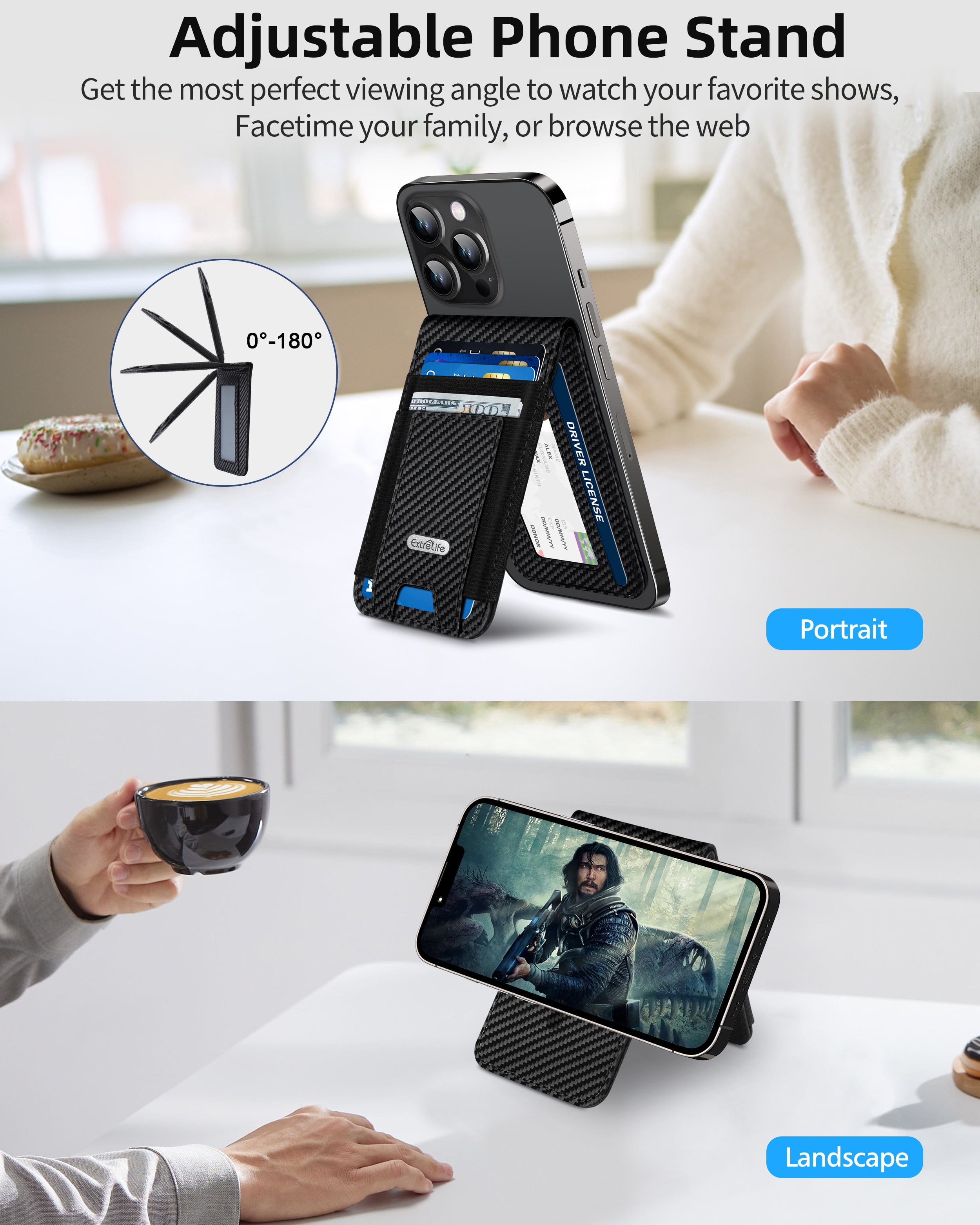ExtreLife Magnetic Phone Wallet Stand, Magnetic Card Holder Compatible for iPhone 17/16/15/14/13/12 Series, Genuine Leather, RFID Blocking, Fits 9 Cards