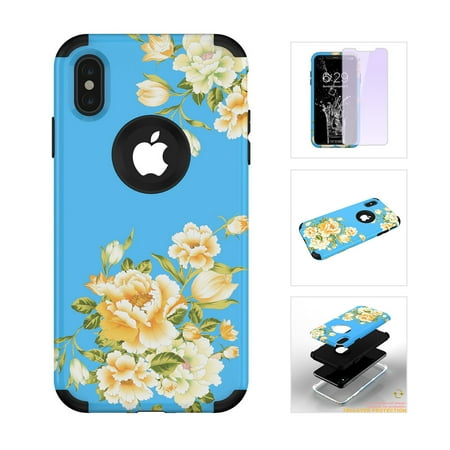 iPhone XR Shockproof Case, Dteck Hybrid 3 In 1 Full-body Protective Case Cover With Tempered Glass Screen Protector For Apple iPhone XR, Blue Flower