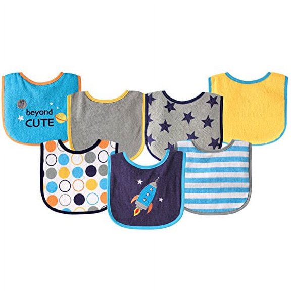 Luvable Friends 7 Piece Drooler Bibs with Waterproof Backing, Blue Spaceship