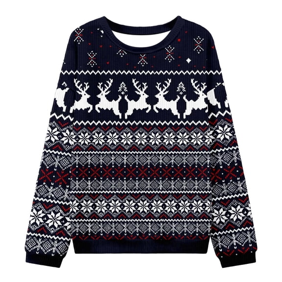 Christmas Sweater Reindeer Snowflakes Crewneck Knit Pullover Jumper Color: Navy Size: S