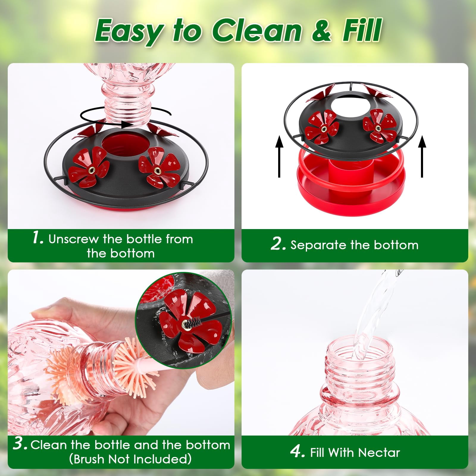 25 OZ Glass Hummingbird Feeder for Outdoors Hanging, Humming Bird Nectar Feeder with Ant Moat, 4 Bee-Proof Feeding Ports, 360° Perch, Leak-Proof, Gifts for Women Mom, Red