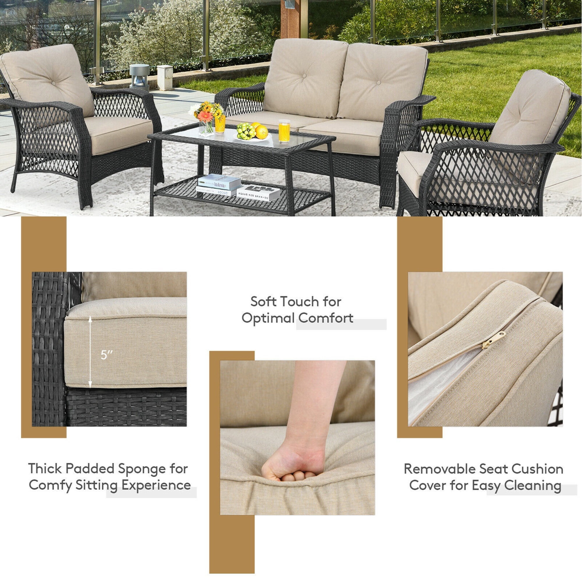 Gymax 4PCS Cushioned Patio Conversation Set Outdoor Rattan Furniture Set