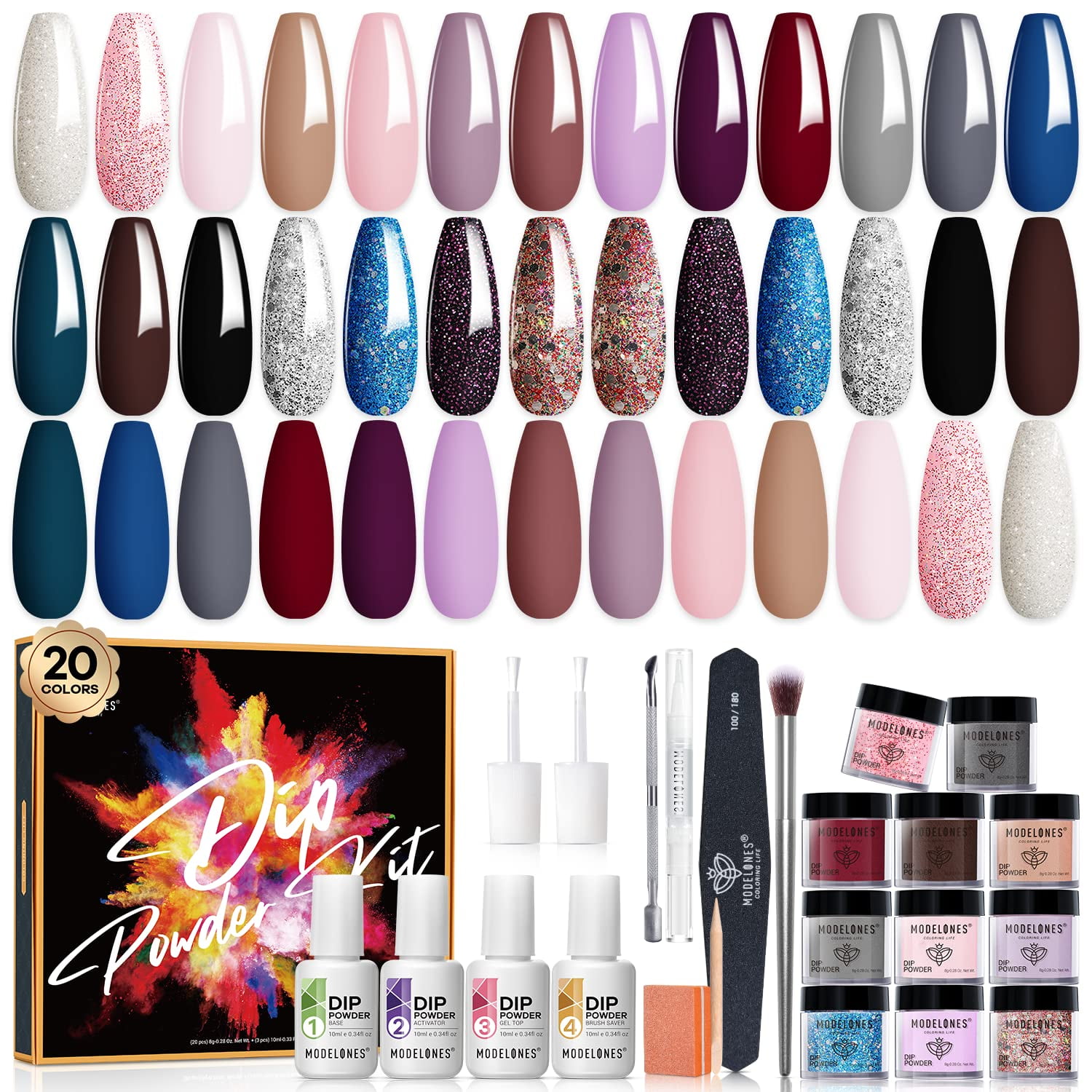 Modelones 32 Pcs Dip Powder Nail Kit Starter,20 Colors Nude Pink Gray  Acrylic Dipping Powder System Essential Liquid Set with 4 Pcs Base&Top Coat  Activator Brush Saver for French Nail Art Manicure -