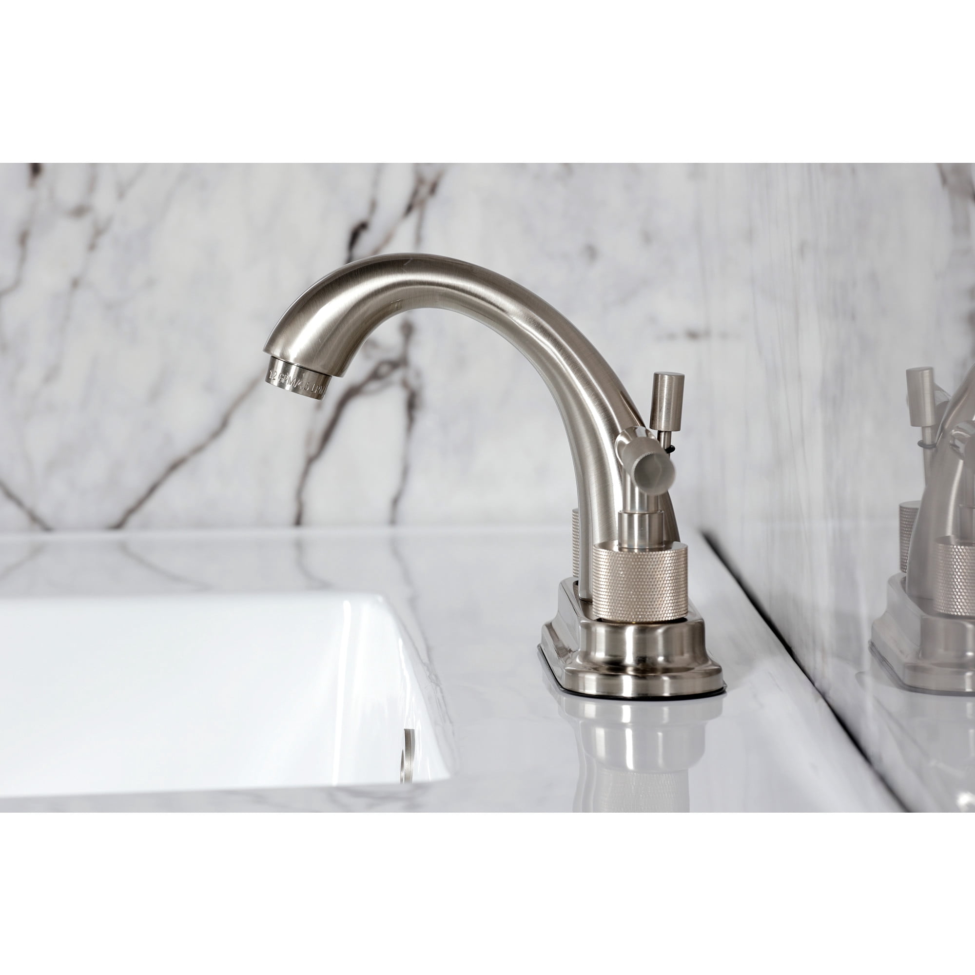 Kingston Brass KS8618KNL Knurled Double-Handle 3-Hole Deck Mount 4-Inch Centerset Bathroom Faucet with Brass Pop-Up in Brushed Nickel