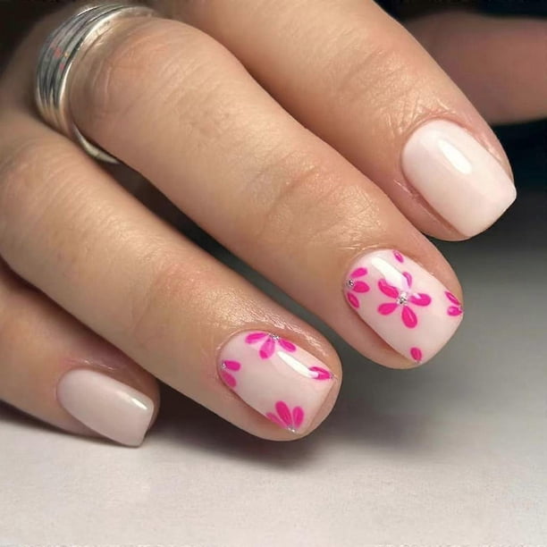 24Pcs Square Press on Nail Glossy Design French Fake Nail Acrylic False Nail,Artificial Nail Glues on Nail for Womens