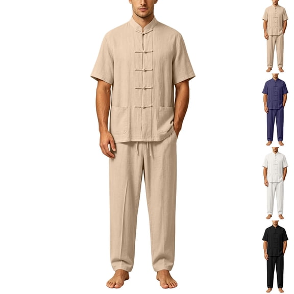 Men's Cotton Linen Kung Fu Uniform 2 Piece Set Loose Fit Breathable Lightweight Tai Chi Clothing for Training and Practice Short Sleeved Shirt Tops and Pants Size 5XL Khaki