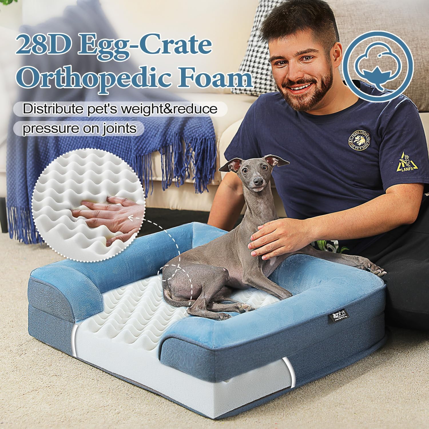 Orthopedic Dog Bed, Waterproof Medium Dog Bed for Dogs with Supportive Foam,2-Layer Waterproof Cover and Non-Slip Bottom for Small, Medium and Large Dog-Blue Medium