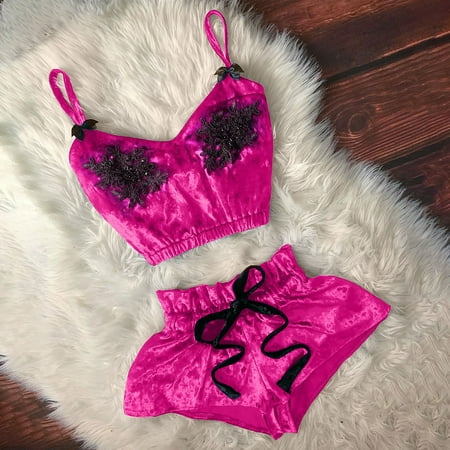 

RT5YKing women V-Neck Eyelash Beaded Sexy Stain Camisole Pajamas Bowknot Shorts Set Hot Pink Xl