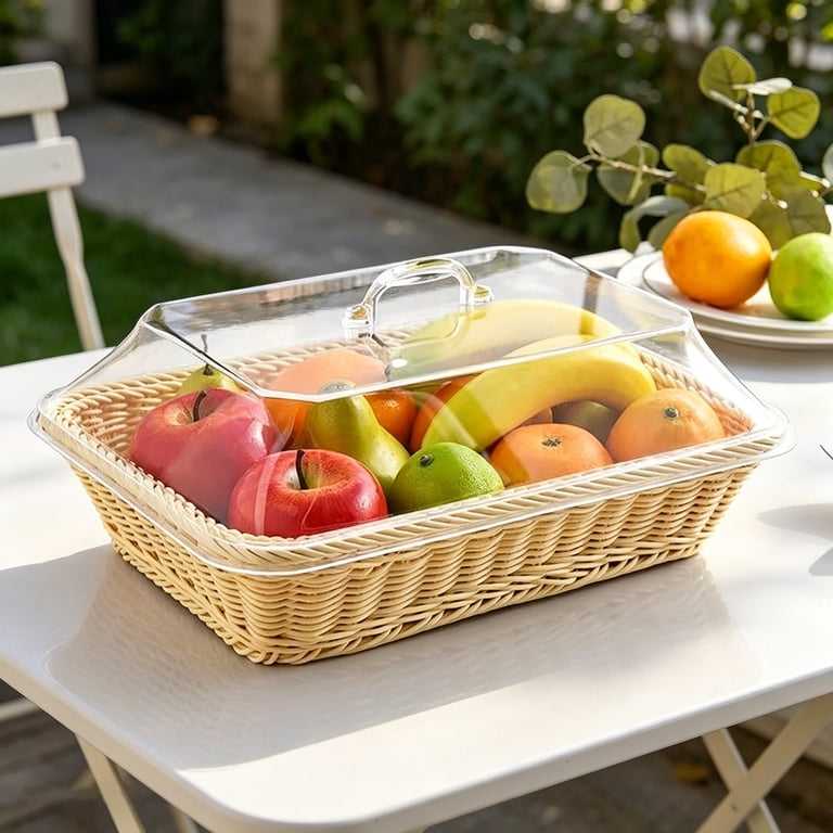 Woven Serving Basket with Transparent Acrylic Cover,Wood Rattan