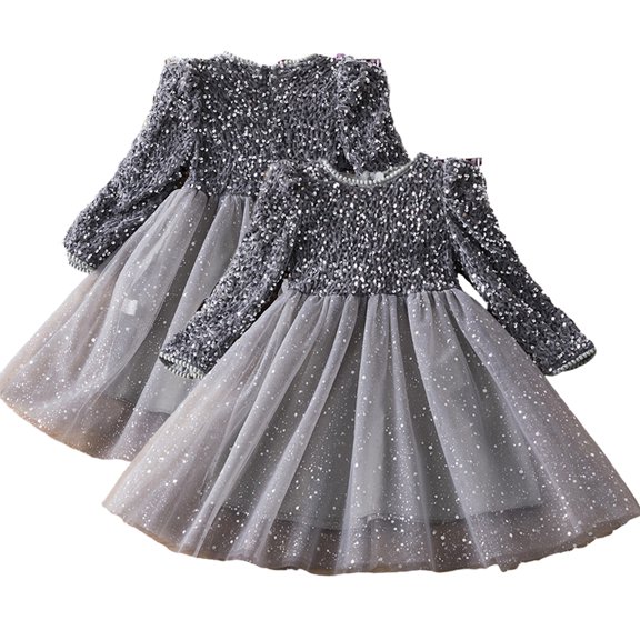 Esaierr Toddler Girls Sequins Princess Dress Casual Long Sleeve Dresses Baby Spring Autumn Fashionable Splicing Tutu Dress for Kids 2-7 Years Old