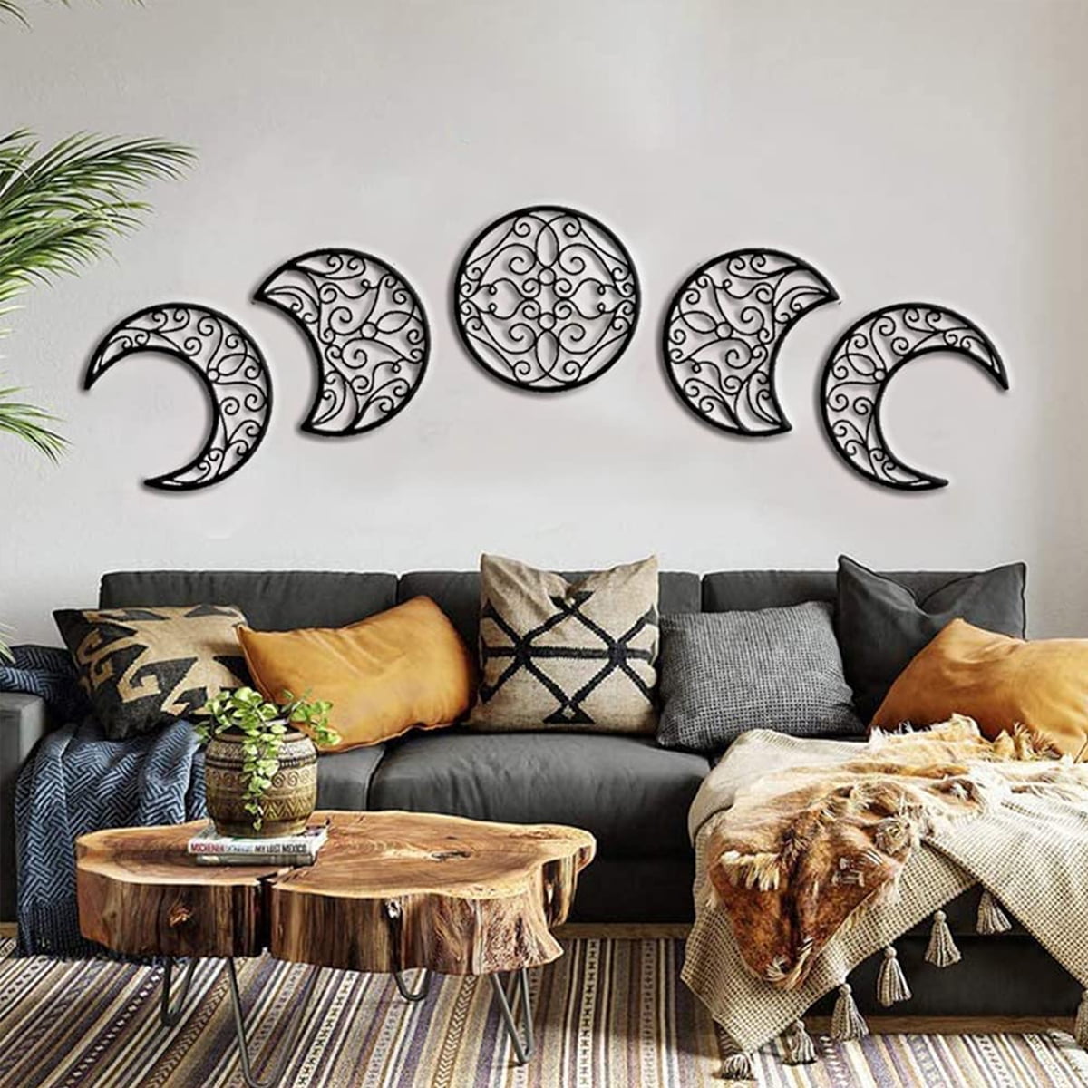 Everso 5Pcs Wooden Frame MoonPhase Wall Sticker,Moon Phase Wall Decorations,Wooden  Moon Phases Wall Hanging Home Decor Background Gift