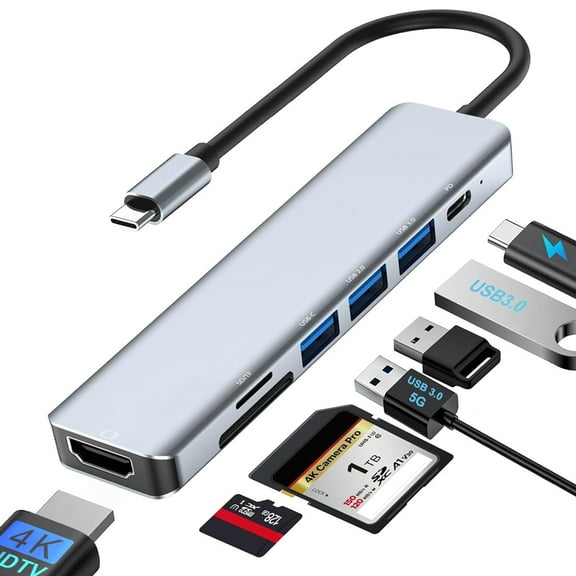 USB C Hub, USB-C Multi-Port Adapter for MacBook Pro, 7IN1 USBC to HDMI Hub Dongle Compatible for Laptops and Other Type C Devices (4K HDMI USB3.0 SD/TF Card Reader 100W PD)